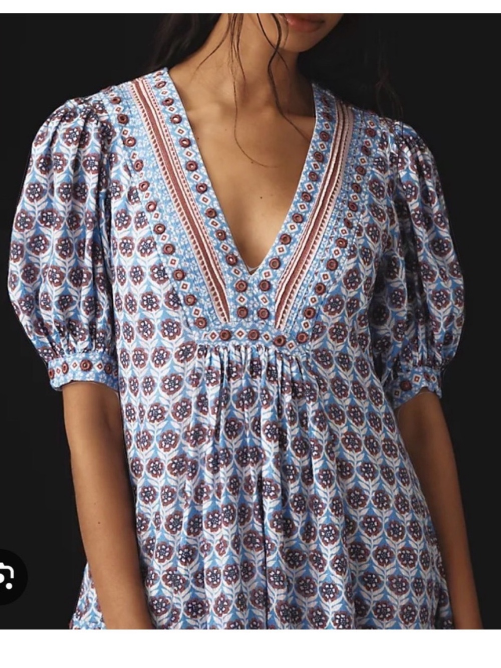 Anthropologie Maeve Light Blue Printed V-Neck Puff Sleeve Tunic